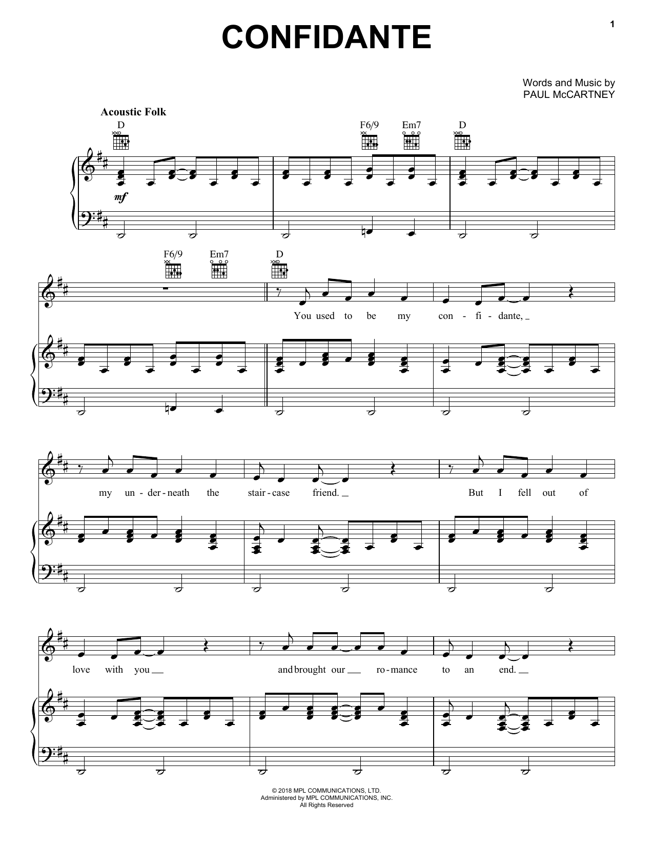 Preview Paul McCartney Confidante Pop sheet music, notes and chords for Piano, Vocal & Guitar (Right-Hand Melody), SKU: 405539 sheet music, piano notes, chords, guitar tabs, score, transpose, transcribe, how to play, guide, download, learn, tutorial, progression, song, artist, awards, billboard, mtv, vh1, tour, single, album, release