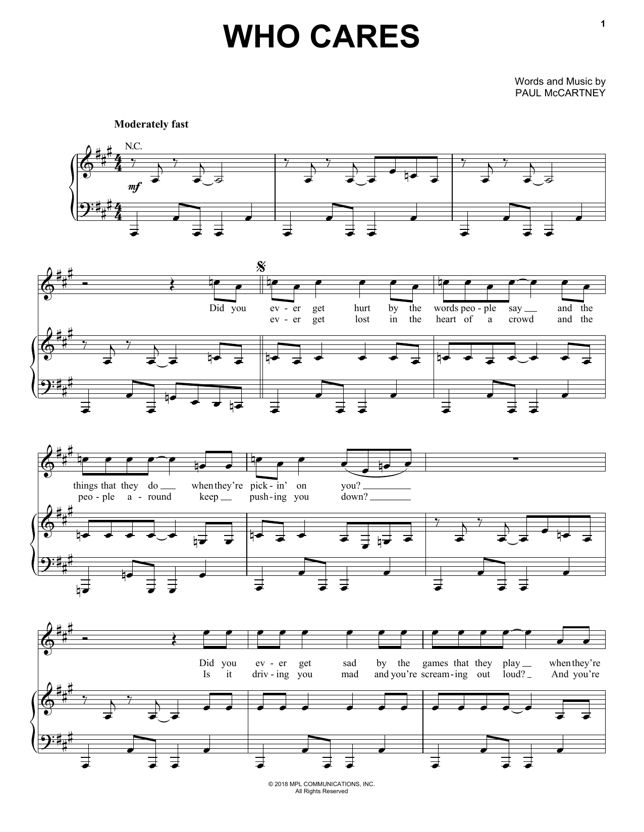 Preview Paul McCartney Who Cares Pop sheet music, notes and chords for Piano, Vocal & Guitar (Right-Hand Melody), SKU: 405540 sheet music, piano notes, chords, guitar tabs, score, transpose, transcribe, how to play, guide, download, learn, tutorial, progression, song, artist, awards, billboard, mtv, vh1, tour, single, album, release