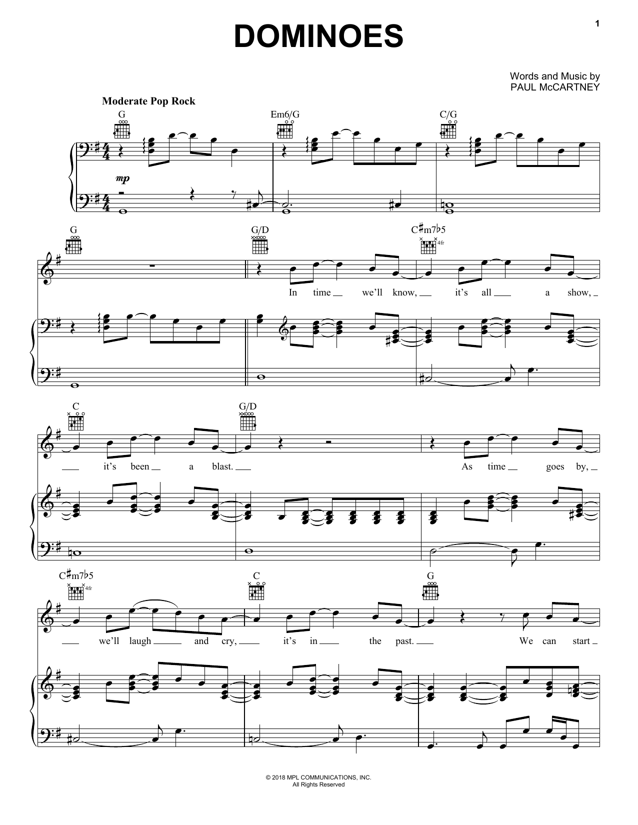 Preview Paul McCartney Dominoes Pop sheet music, notes and chords for Piano, Vocal & Guitar (Right-Hand Melody), SKU: 405541 sheet music, piano notes, chords, guitar tabs, score, transpose, transcribe, how to play, guide, download, learn, tutorial, progression, song, artist, awards, billboard, mtv, vh1, tour, single, album, release
