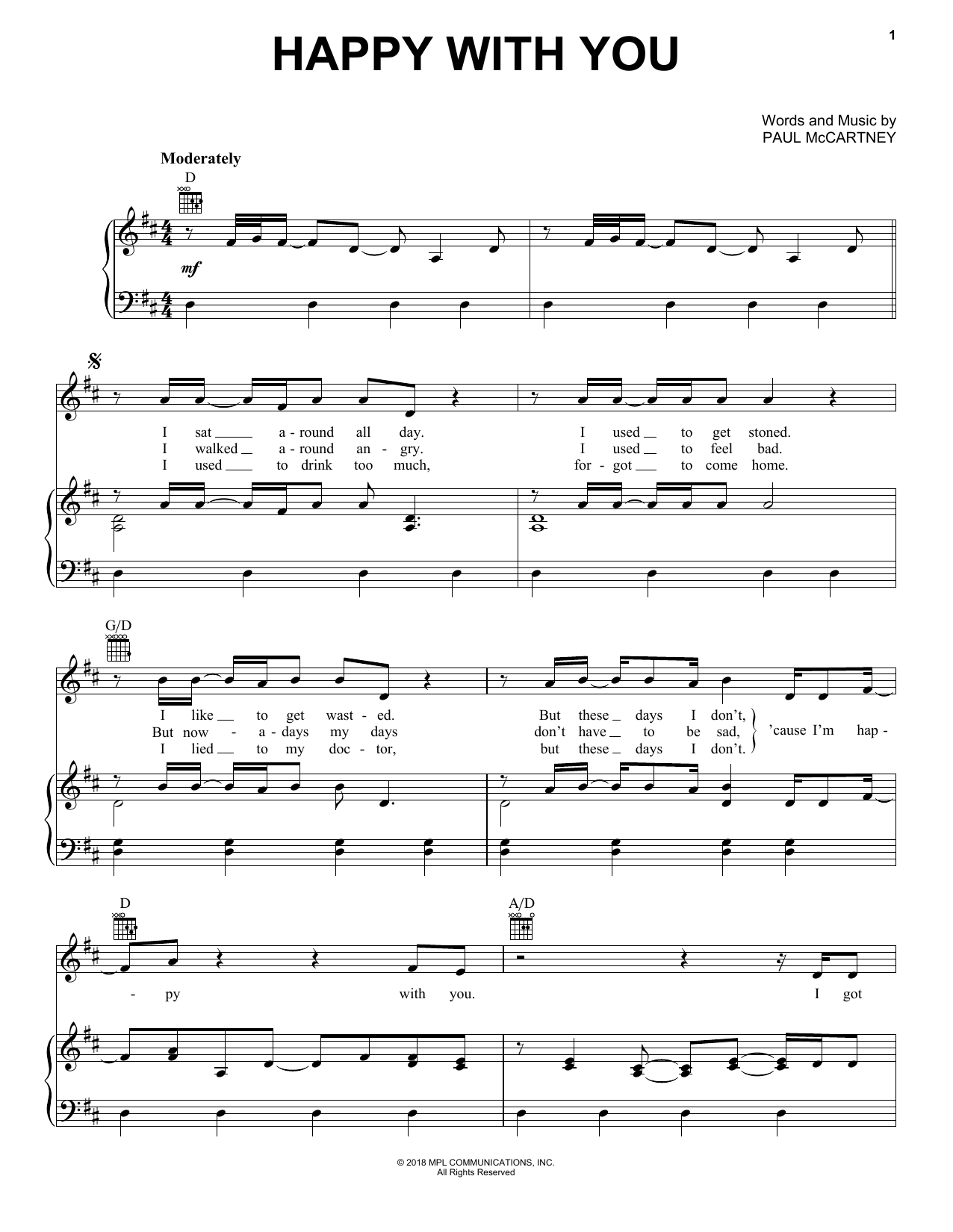 Preview Paul McCartney Happy With You Pop sheet music, notes and chords for Piano, Vocal & Guitar (Right-Hand Melody), SKU: 405542 sheet music, piano notes, chords, guitar tabs, score, transpose, transcribe, how to play, guide, download, learn, tutorial, progression, song, artist, awards, billboard, mtv, vh1, tour, single, album, release