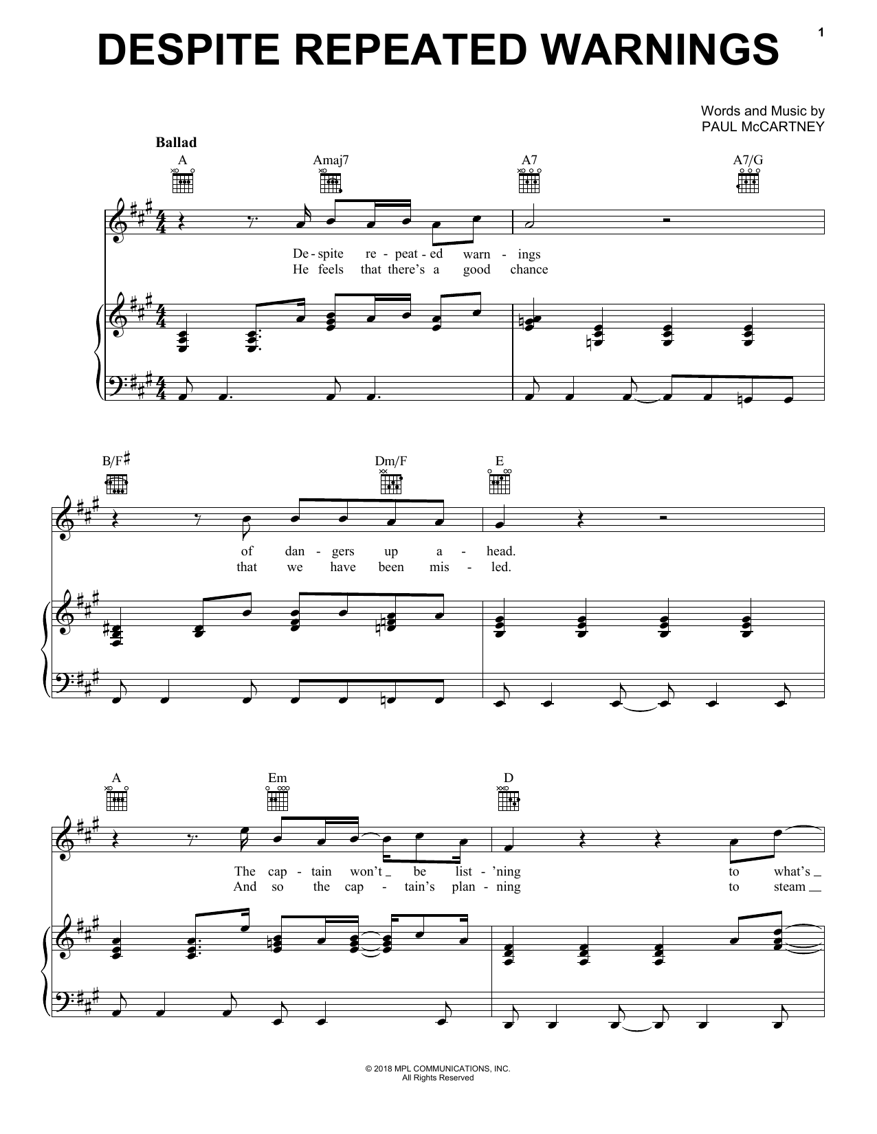 Preview Paul McCartney Despite Repeated Warnings Pop sheet music, notes and chords for Piano, Vocal & Guitar (Right-Hand Melody), SKU: 405543 sheet music, piano notes, chords, guitar tabs, score, transpose, transcribe, how to play, guide, download, learn, tutorial, progression, song, artist, awards, billboard, mtv, vh1, tour, single, album, release