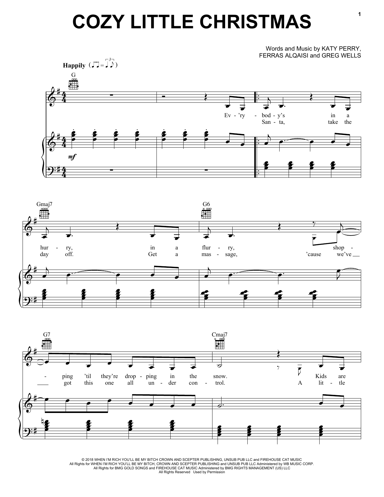 Preview Katy Perry Cozy Little Christmas Christmas sheet music, notes and chords for Piano, Vocal & Guitar (Right-Hand Melody), SKU: 405546 sheet music, piano notes, chords, guitar tabs, score, transpose, transcribe, how to play, guide, download, learn, tutorial, progression, song, artist, awards, billboard, mtv, vh1, tour, single, album, release