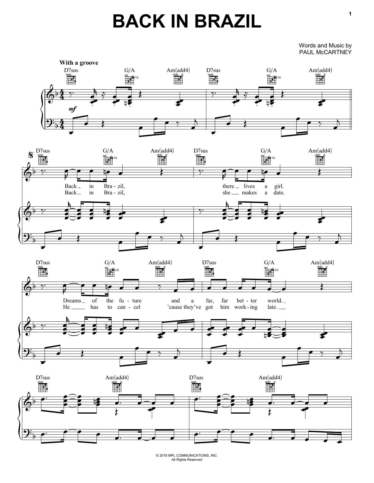 Preview Paul McCartney Back In Brazil Pop sheet music, notes and chords for Piano, Vocal & Guitar (Right-Hand Melody), SKU: 405547 sheet music, piano notes, chords, guitar tabs, score, transpose, transcribe, how to play, guide, download, learn, tutorial, progression, song, artist, awards, billboard, mtv, vh1, tour, single, album, release