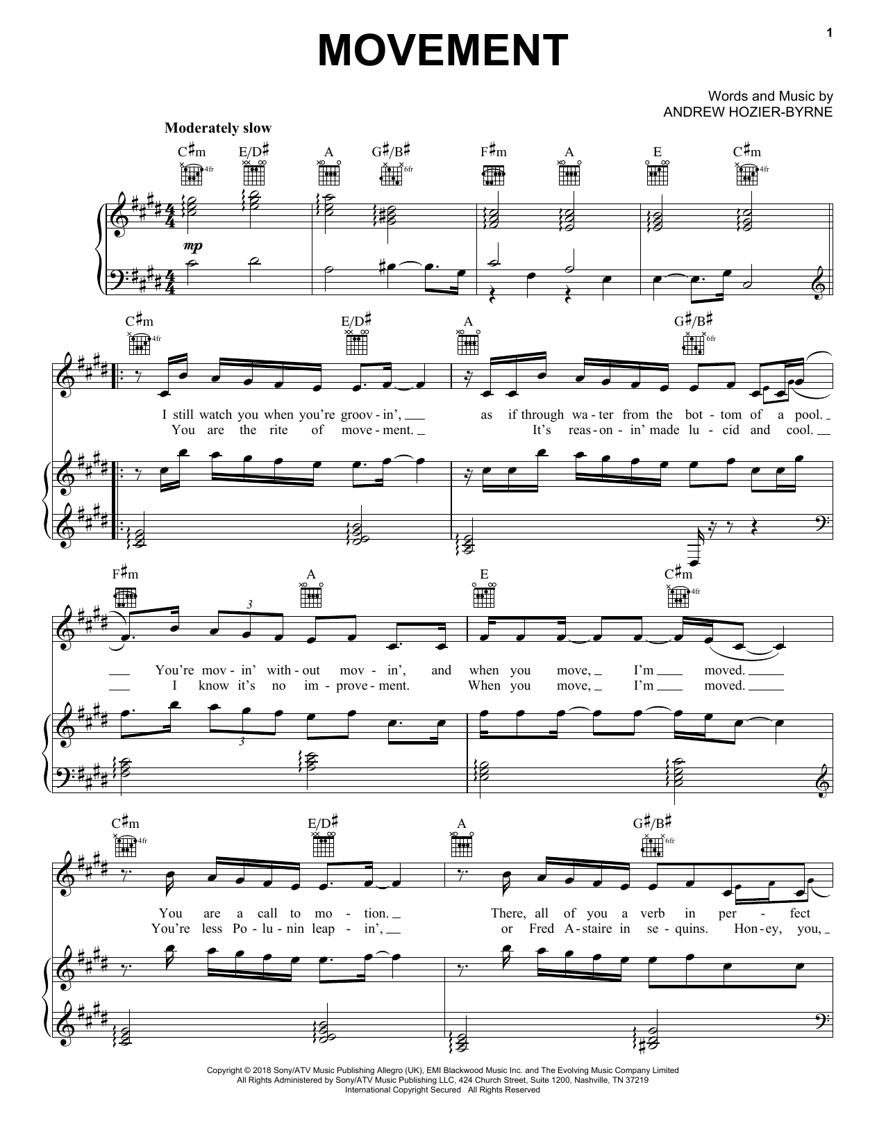 Preview Hozier Movement Pop sheet music, notes and chords for Piano, Vocal & Guitar (Right-Hand Melody), SKU: 405551 sheet music, piano notes, chords, guitar tabs, score, transpose, transcribe, how to play, guide, download, learn, tutorial, progression, song, artist, awards, billboard, mtv, vh1, tour, single, album, release