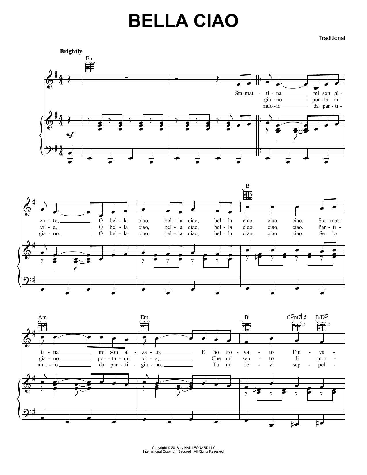 Preview Traditional Bella Ciao Traditional sheet music, notes and chords for Piano, Vocal & Guitar (Right-Hand Melody), SKU: 405554 sheet music, piano notes, chords, guitar tabs, score, transpose, transcribe, how to play, guide, download, learn, tutorial, progression, song, artist, awards, billboard, mtv, vh1, tour, single, album, release