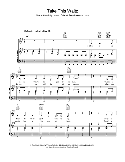 Preview Leonard Cohen Take This Waltz Rock sheet music, notes and chords for Piano, Vocal & Guitar (Right-Hand Melody), SKU: 40555 sheet music, piano notes, chords, guitar tabs, score, transpose, transcribe, how to play, guide, download, learn, tutorial, progression, song, artist, awards, billboard, mtv, vh1, tour, single, album, release