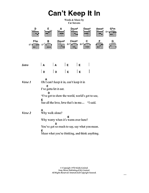 Preview Cat Stevens Can't Keep It In Pop sheet music, notes and chords for Lyrics & Chords, SKU: 40558 sheet music, piano notes, chords, guitar tabs, score, transpose, transcribe, how to play, guide, download, learn, tutorial, progression, song, artist, awards, billboard, mtv, vh1, tour, single, album, release