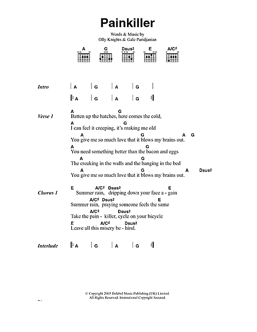 Preview Turin Brakes Pain Killer Rock sheet music, notes and chords for Lyrics & Chords, SKU: 40567 sheet music, piano notes, chords, guitar tabs, score, transpose, transcribe, how to play, guide, download, learn, tutorial, progression, song, artist, awards, billboard, mtv, vh1, tour, single, album, release