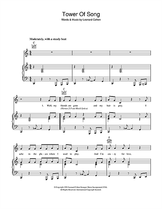 Preview Leonard Cohen Tower Of Song Rock sheet music, notes and chords for Piano, Vocal & Guitar (Right-Hand Melody), SKU: 40568 sheet music, piano notes, chords, guitar tabs, score, transpose, transcribe, how to play, guide, download, learn, tutorial, progression, song, artist, awards, billboard, mtv, vh1, tour, single, album, release