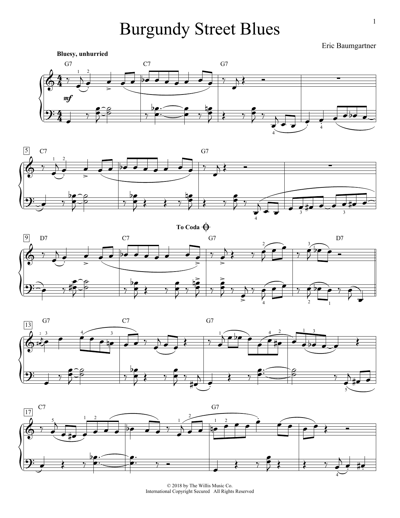 Preview Eric Baumgartner Burgundy Street Blues Jazz sheet music, notes and chords for Educational Piano, SKU: 405696 sheet music, piano notes, chords, guitar tabs, score, transpose, transcribe, how to play, guide, download, learn, tutorial, progression, song, artist, awards, billboard, mtv, vh1, tour, single, album, release