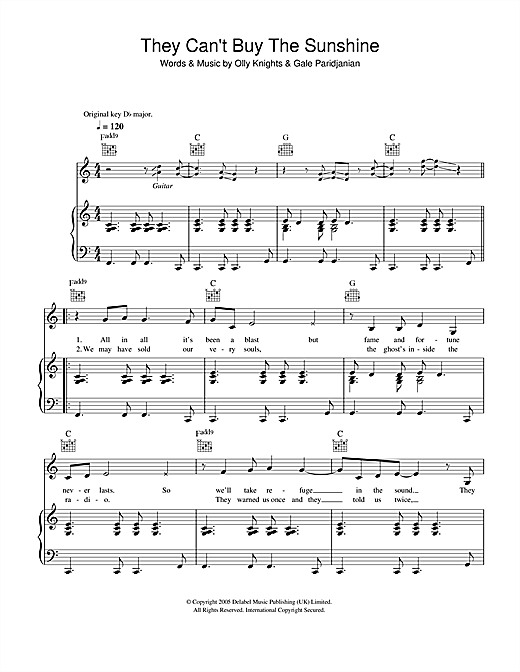 Preview Turin Brakes They Can't Buy The Sunshine Rock sheet music, notes and chords for Piano, Vocal & Guitar, SKU: 40570 sheet music, piano notes, chords, guitar tabs, score, transpose, transcribe, how to play, guide, download, learn, tutorial, progression, song, artist, awards, billboard, mtv, vh1, tour, single, album, release