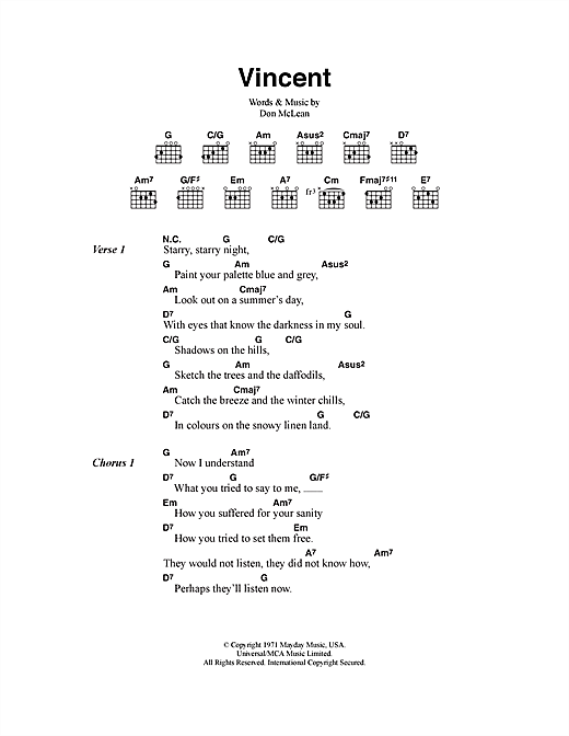 Preview Don McLean Vincent (Starry Starry Night) Rock sheet music, notes and chords for Lyrics & Chords, SKU: 40574 sheet music, piano notes, chords, guitar tabs, score, transpose, transcribe, how to play, guide, download, learn, tutorial, progression, song, artist, awards, billboard, mtv, vh1, tour, single, album, release