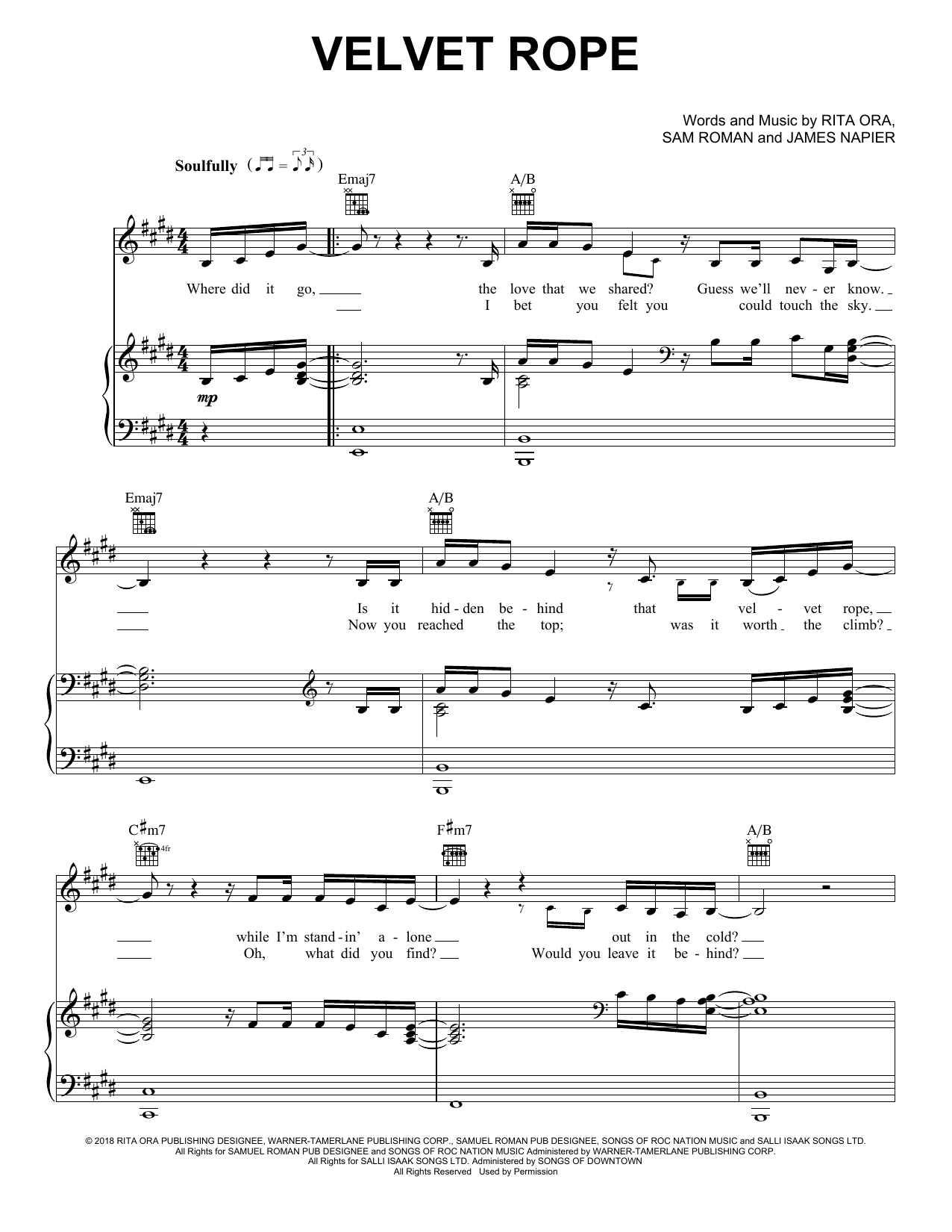 Preview Rita Ora Velvet Rope Pop sheet music, notes and chords for Piano, Vocal & Guitar (Right-Hand Melody), SKU: 405762 sheet music, piano notes, chords, guitar tabs, score, transpose, transcribe, how to play, guide, download, learn, tutorial, progression, song, artist, awards, billboard, mtv, vh1, tour, single, album, release