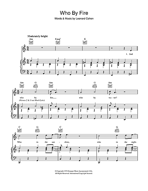 Preview Leonard Cohen Who By Fire Rock sheet music, notes and chords for Piano, Vocal & Guitar (Right-Hand Melody), SKU: 40579 sheet music, piano notes, chords, guitar tabs, score, transpose, transcribe, how to play, guide, download, learn, tutorial, progression, song, artist, awards, billboard, mtv, vh1, tour, single, album, release