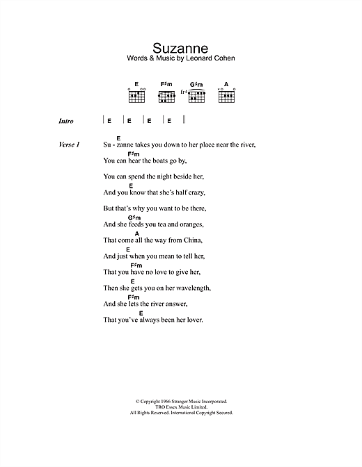 Preview Leonard Cohen Suzanne Rock sheet music, notes and chords for Lyrics & Chords, SKU: 40582 sheet music, piano notes, chords, guitar tabs, score, transpose, transcribe, how to play, guide, download, learn, tutorial, progression, song, artist, awards, billboard, mtv, vh1, tour, single, album, release