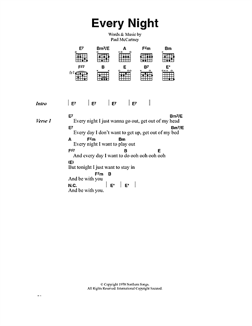 Preview Paul McCartney Every Night Pop sheet music, notes and chords for Lyrics & Chords, SKU: 40583 sheet music, piano notes, chords, guitar tabs, score, transpose, transcribe, how to play, guide, download, learn, tutorial, progression, song, artist, awards, billboard, mtv, vh1, tour, single, album, release