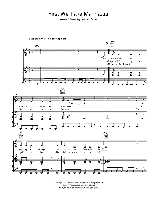 Preview Leonard Cohen First We Take Manhattan Rock sheet music, notes and chords for Piano, Vocal & Guitar (Right-Hand Melody), SKU: 40587 sheet music, piano notes, chords, guitar tabs, score, transpose, transcribe, how to play, guide, download, learn, tutorial, progression, song, artist, awards, billboard, mtv, vh1, tour, single, album, release