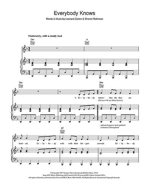 Preview Leonard Cohen Everybody Knows Rock sheet music, notes and chords for Piano, Vocal & Guitar (Right-Hand Melody), SKU: 40590 sheet music, piano notes, chords, guitar tabs, score, transpose, transcribe, how to play, guide, download, learn, tutorial, progression, song, artist, awards, billboard, mtv, vh1, tour, single, album, release
