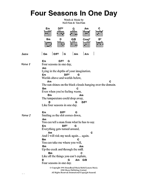 Preview Crowded House Four Seasons In One Day Rock sheet music, notes and chords for Lyrics & Chords, SKU: 40591 sheet music, piano notes, chords, guitar tabs, score, transpose, transcribe, how to play, guide, download, learn, tutorial, progression, song, artist, awards, billboard, mtv, vh1, tour, single, album, release