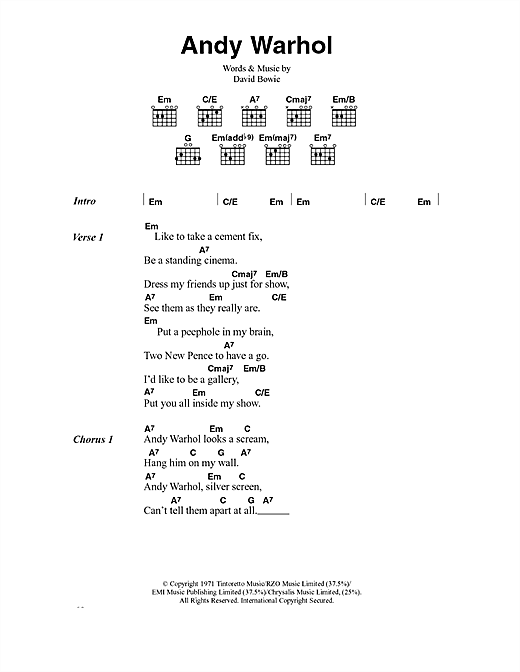 Preview David Bowie Andy Warhol Rock sheet music, notes and chords for Lyrics & Chords, SKU: 40597 sheet music, piano notes, chords, guitar tabs, score, transpose, transcribe, how to play, guide, download, learn, tutorial, progression, song, artist, awards, billboard, mtv, vh1, tour, single, album, release