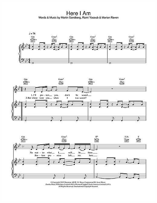 Preview Marion Raven Here I Am Rock sheet music, notes and chords for Piano, Vocal & Guitar, SKU: 40598 sheet music, piano notes, chords, guitar tabs, score, transpose, transcribe, how to play, guide, download, learn, tutorial, progression, song, artist, awards, billboard, mtv, vh1, tour, single, album, release