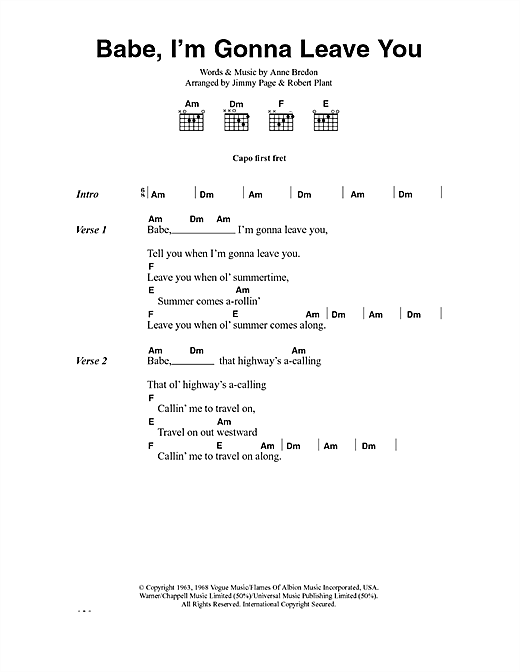 Preview Led Zeppelin Babe, I'm Gonna Leave You Rock sheet music, notes and chords for Lyrics & Chords, SKU: 40602 sheet music, piano notes, chords, guitar tabs, score, transpose, transcribe, how to play, guide, download, learn, tutorial, progression, song, artist, awards, billboard, mtv, vh1, tour, single, album, release