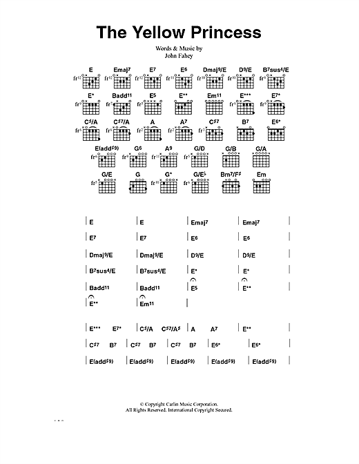 Preview John Fahey The Yellow Princess Folk sheet music, notes and chords for Lyrics & Chords, SKU: 40607 sheet music, piano notes, chords, guitar tabs, score, transpose, transcribe, how to play, guide, download, learn, tutorial, progression, song, artist, awards, billboard, mtv, vh1, tour, single, album, release
