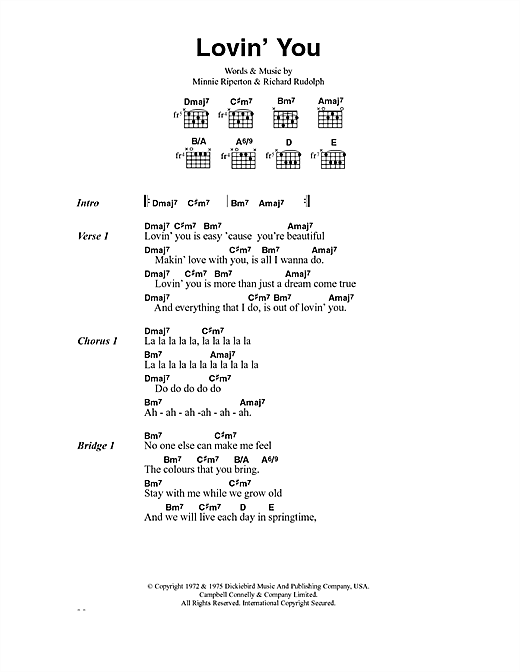 Preview Minnie Riperton Lovin' You Pop sheet music, notes and chords for Lyrics & Chords, SKU: 40610 sheet music, piano notes, chords, guitar tabs, score, transpose, transcribe, how to play, guide, download, learn, tutorial, progression, song, artist, awards, billboard, mtv, vh1, tour, single, album, release