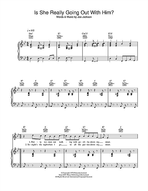 Preview Joe Jackson Is She Really Going Out With Him? Pop sheet music, notes and chords for Piano, Vocal & Guitar, SKU: 40614 sheet music, piano notes, chords, guitar tabs, score, transpose, transcribe, how to play, guide, download, learn, tutorial, progression, song, artist, awards, billboard, mtv, vh1, tour, single, album, release