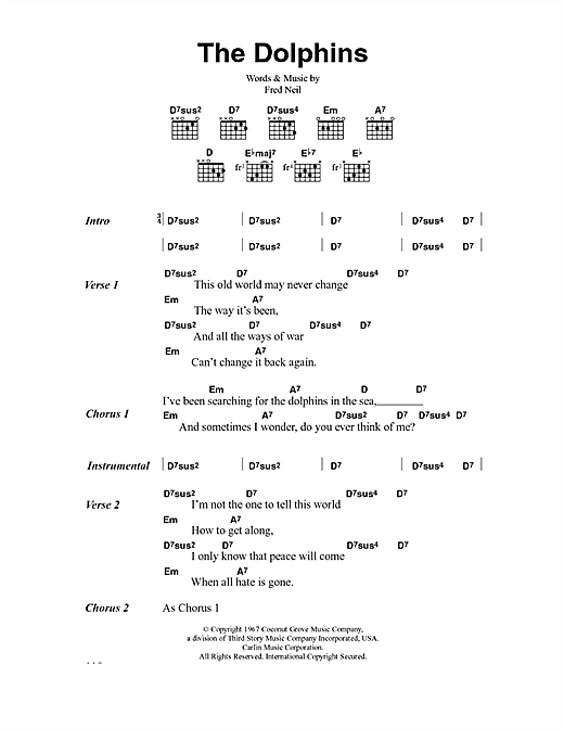 Preview Fred Neil The Dolphins Folk sheet music, notes and chords for Lyrics & Chords, SKU: 40615 sheet music, piano notes, chords, guitar tabs, score, transpose, transcribe, how to play, guide, download, learn, tutorial, progression, song, artist, awards, billboard, mtv, vh1, tour, single, album, release
