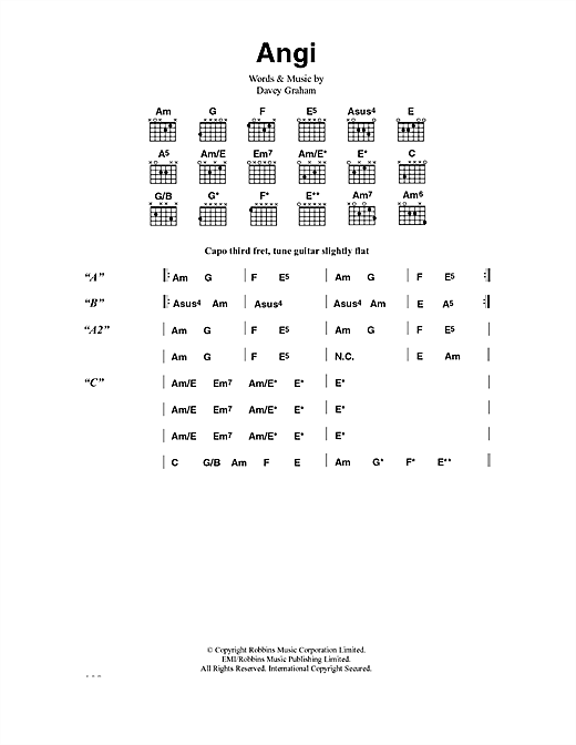 Preview Davey Graham Angi Folk sheet music, notes and chords for Lyrics & Chords, SKU: 40618 sheet music, piano notes, chords, guitar tabs, score, transpose, transcribe, how to play, guide, download, learn, tutorial, progression, song, artist, awards, billboard, mtv, vh1, tour, single, album, release
