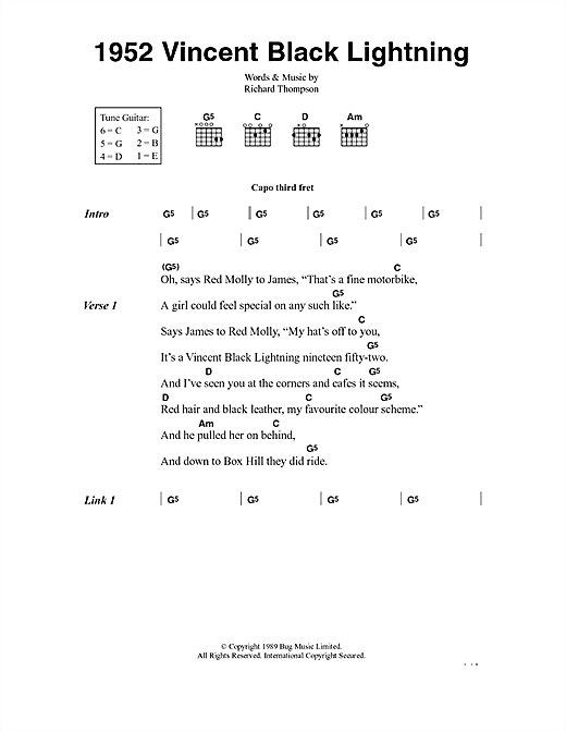 Preview Richard Thompson 1952 Vincent Black Lightning Rock sheet music, notes and chords for Lyrics & Chords, SKU: 40622 sheet music, piano notes, chords, guitar tabs, score, transpose, transcribe, how to play, guide, download, learn, tutorial, progression, song, artist, awards, billboard, mtv, vh1, tour, single, album, release