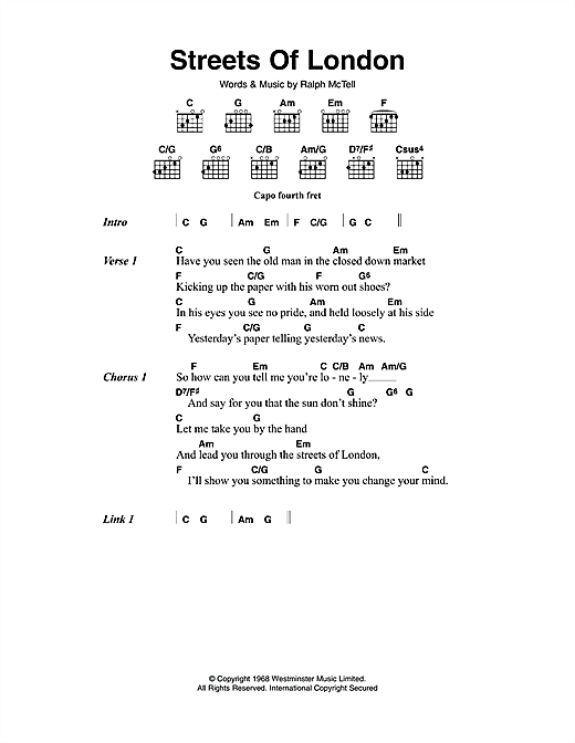 Preview Ralph McTell Streets Of London Folk sheet music, notes and chords for Lyrics & Chords, SKU: 40625 sheet music, piano notes, chords, guitar tabs, score, transpose, transcribe, how to play, guide, download, learn, tutorial, progression, song, artist, awards, billboard, mtv, vh1, tour, single, album, release