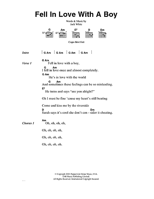 Preview Joss Stone Fell In Love With A Boy Rock sheet music, notes and chords for Lyrics & Chords, SKU: 40628 sheet music, piano notes, chords, guitar tabs, score, transpose, transcribe, how to play, guide, download, learn, tutorial, progression, song, artist, awards, billboard, mtv, vh1, tour, single, album, release