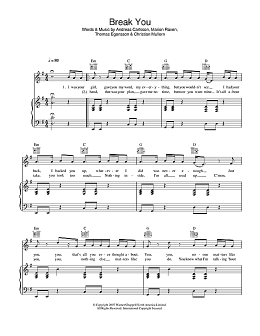 Preview Marion Raven Break You Rock sheet music, notes and chords for Piano, Vocal & Guitar, SKU: 40630 sheet music, piano notes, chords, guitar tabs, score, transpose, transcribe, how to play, guide, download, learn, tutorial, progression, song, artist, awards, billboard, mtv, vh1, tour, single, album, release