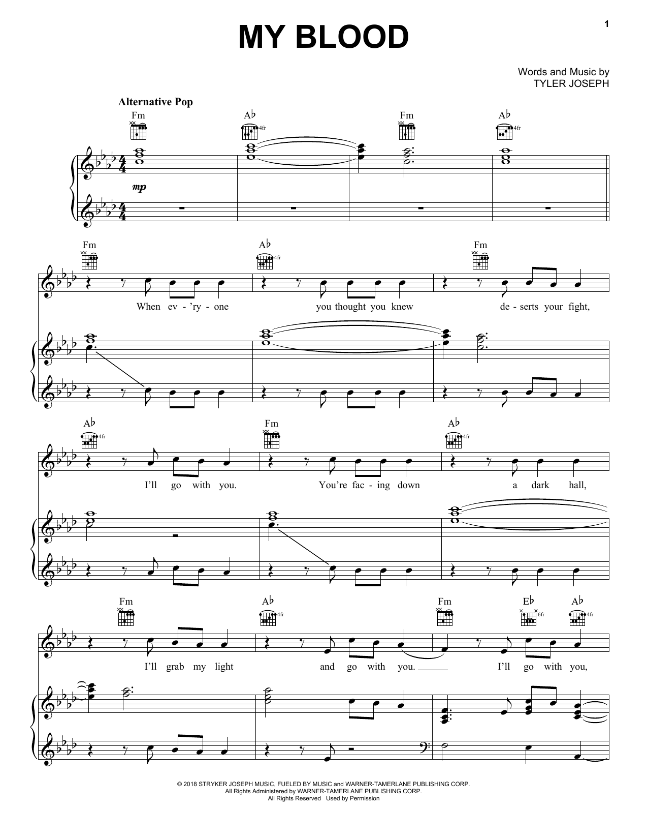 Preview Twenty One Pilots My Blood Pop sheet music, notes and chords for Piano, Vocal & Guitar (Right-Hand Melody), SKU: 406496 sheet music, piano notes, chords, guitar tabs, score, transpose, transcribe, how to play, guide, download, learn, tutorial, progression, song, artist, awards, billboard, mtv, vh1, tour, single, album, release