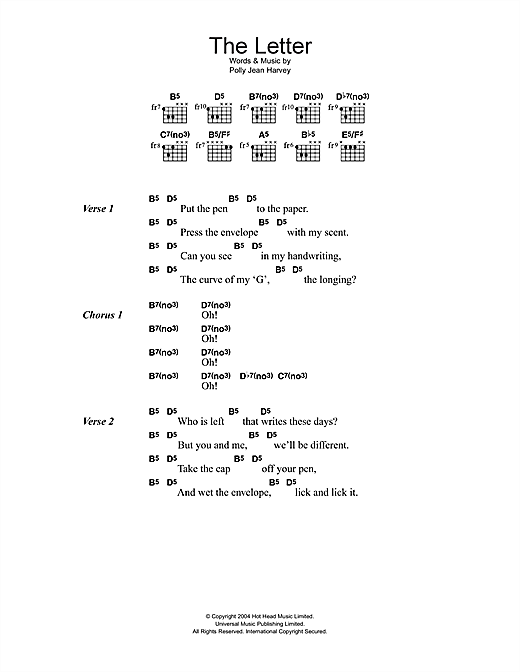 Preview P J Harvey The Letter Rock sheet music, notes and chords for Lyrics & Chords, SKU: 40649 sheet music, piano notes, chords, guitar tabs, score, transpose, transcribe, how to play, guide, download, learn, tutorial, progression, song, artist, awards, billboard, mtv, vh1, tour, single, album, release