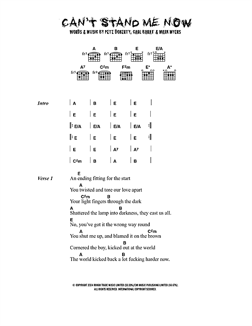 Preview The Libertines Can't Stand Me Now Rock sheet music, notes and chords for Lyrics & Chords, SKU: 40652 sheet music, piano notes, chords, guitar tabs, score, transpose, transcribe, how to play, guide, download, learn, tutorial, progression, song, artist, awards, billboard, mtv, vh1, tour, single, album, release