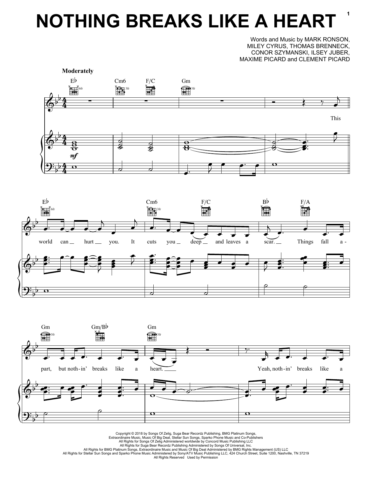Preview Mark Ronson Nothing Breaks Like A Heart (feat. Miley Cyrus) Pop sheet music, notes and chords for Piano, Vocal & Guitar (Right-Hand Melody), SKU: 406537 sheet music, piano notes, chords, guitar tabs, score, transpose, transcribe, how to play, guide, download, learn, tutorial, progression, song, artist, awards, billboard, mtv, vh1, tour, single, album, release