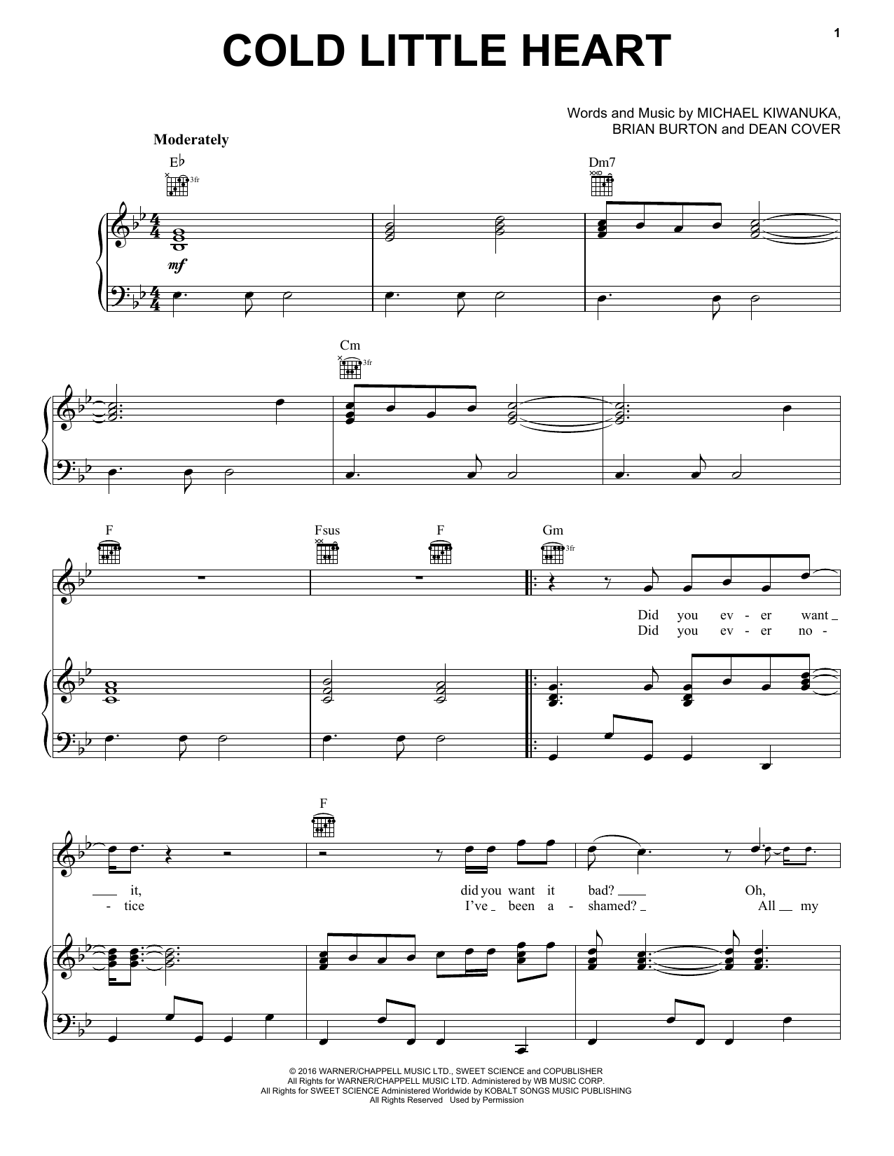 Preview Michael Kiwanuka Cold Little Heart Pop sheet music, notes and chords for Piano, Vocal & Guitar (Right-Hand Melody), SKU: 406539 sheet music, piano notes, chords, guitar tabs, score, transpose, transcribe, how to play, guide, download, learn, tutorial, progression, song, artist, awards, billboard, mtv, vh1, tour, single, album, release