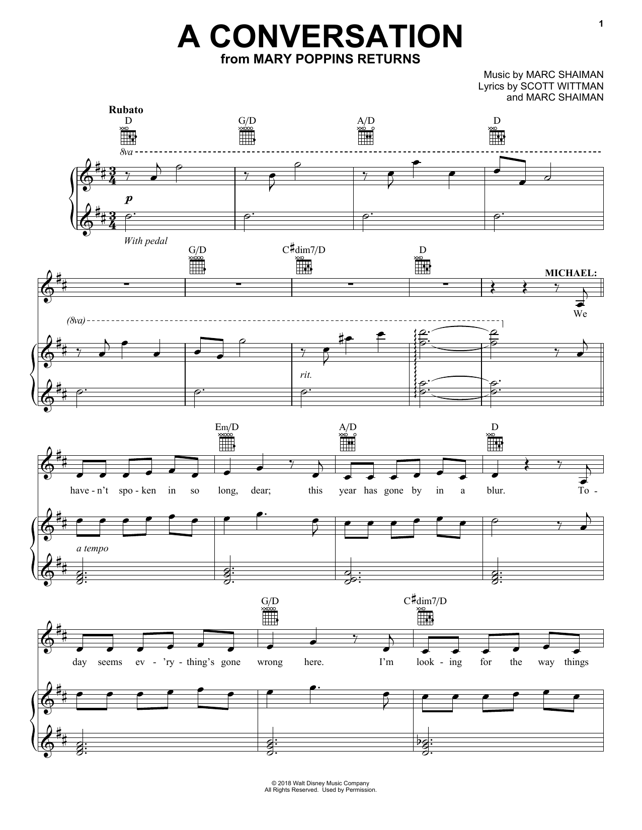 Preview Ben Whishaw A Conversation (from Mary Poppins Returns) Children sheet music, notes and chords for Piano, Vocal & Guitar (Right-Hand Melody), SKU: 406551 sheet music, piano notes, chords, guitar tabs, score, transpose, transcribe, how to play, guide, download, learn, tutorial, progression, song, artist, awards, billboard, mtv, vh1, tour, single, album, release