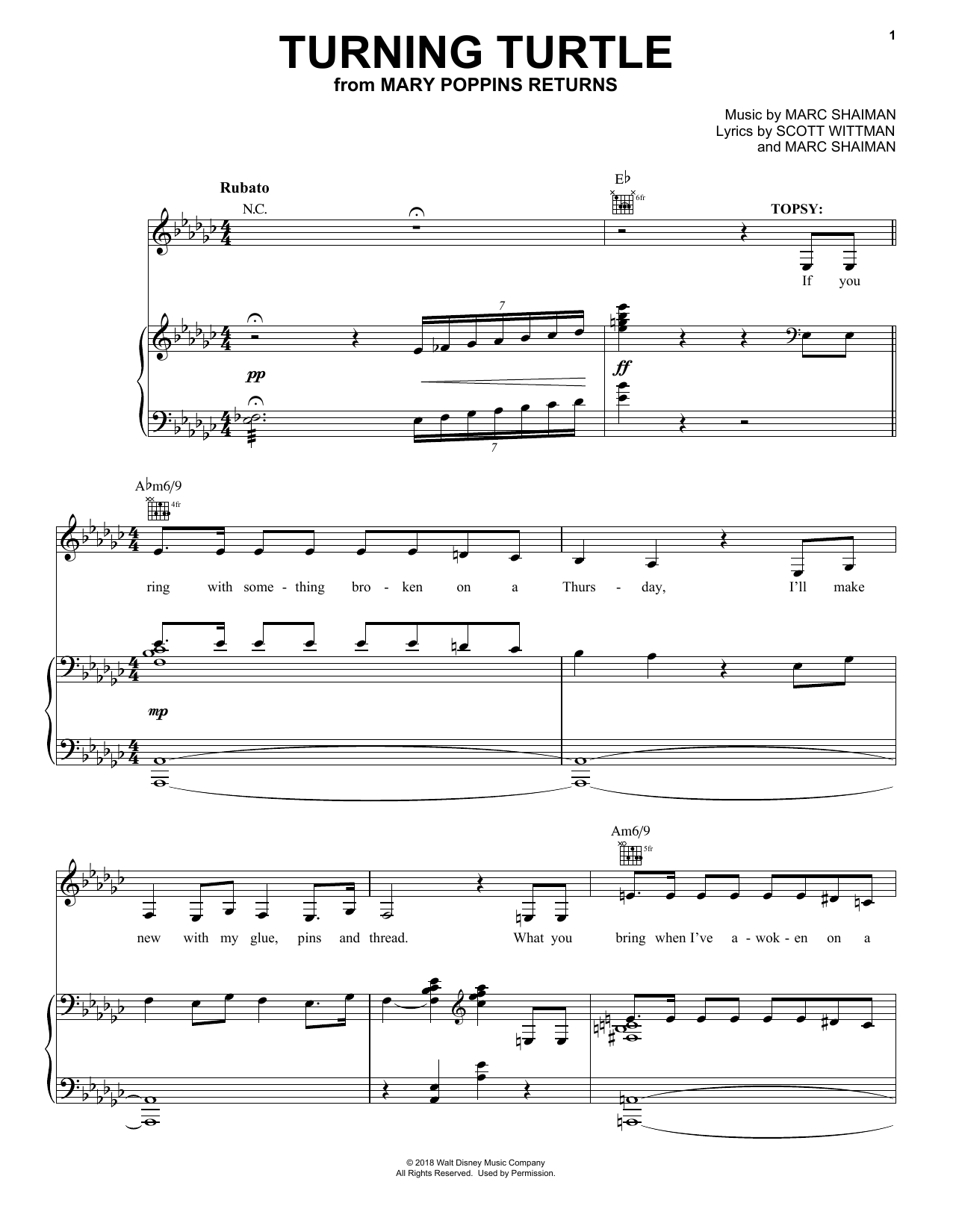 Preview Meryl Streep & Company Turning Turtle (from Mary Poppins Returns) Children sheet music, notes and chords for Piano, Vocal & Guitar (Right-Hand Melody), SKU: 406555 sheet music, piano notes, chords, guitar tabs, score, transpose, transcribe, how to play, guide, download, learn, tutorial, progression, song, artist, awards, billboard, mtv, vh1, tour, single, album, release