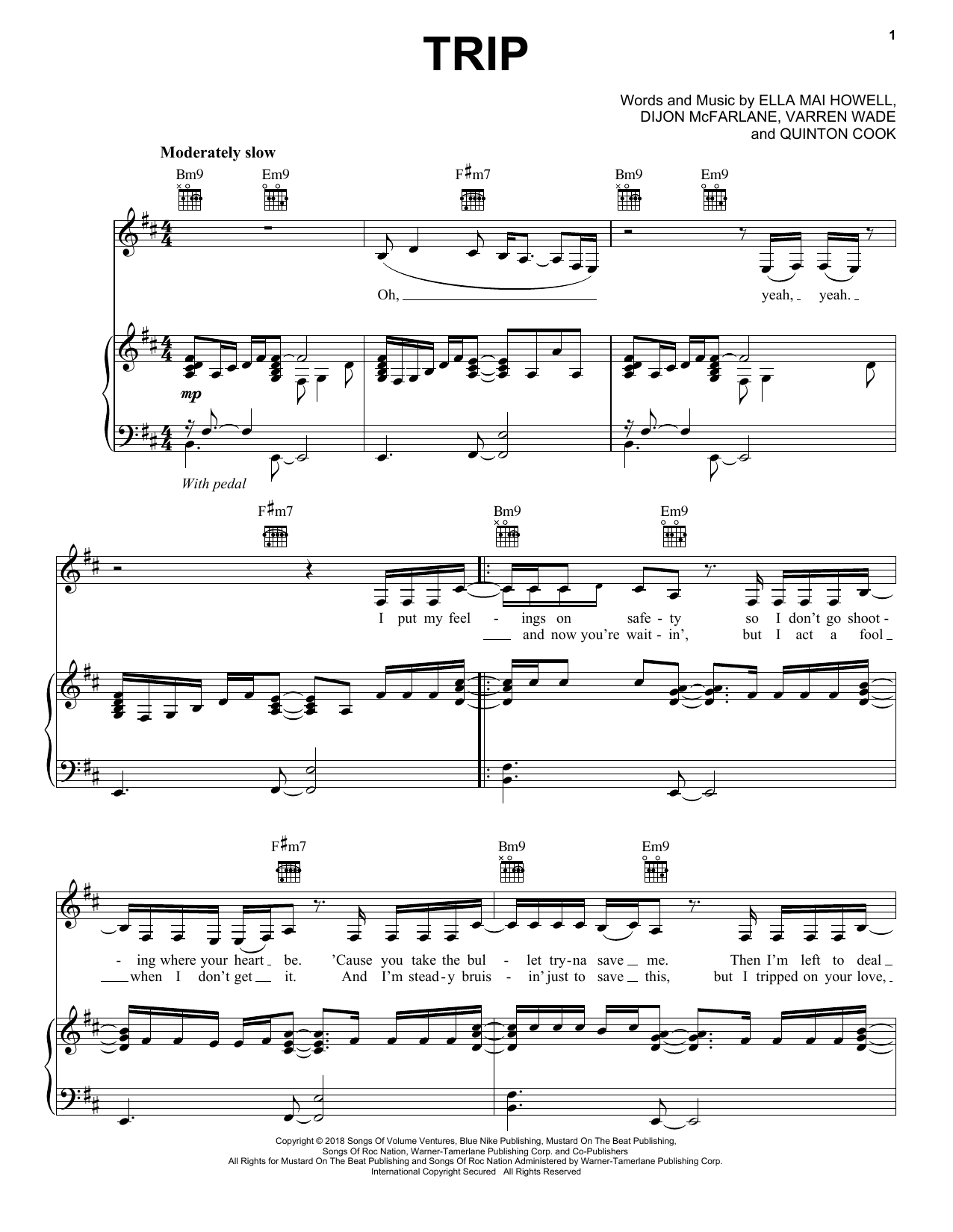 Preview Ella Mai Trip (feat. DJ Mustard) Pop sheet music, notes and chords for Piano, Vocal & Guitar (Right-Hand Melody), SKU: 406593 sheet music, piano notes, chords, guitar tabs, score, transpose, transcribe, how to play, guide, download, learn, tutorial, progression, song, artist, awards, billboard, mtv, vh1, tour, single, album, release