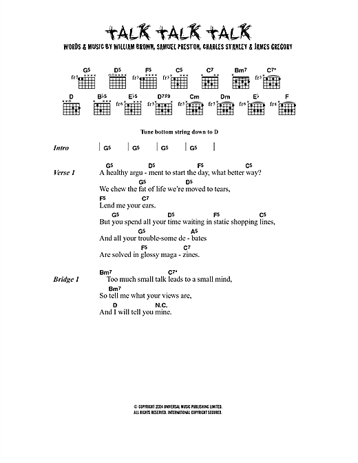 Preview The Ordinary Boys Talk Talk Talk Rock sheet music, notes and chords for Lyrics & Chords, SKU: 40662 sheet music, piano notes, chords, guitar tabs, score, transpose, transcribe, how to play, guide, download, learn, tutorial, progression, song, artist, awards, billboard, mtv, vh1, tour, single, album, release