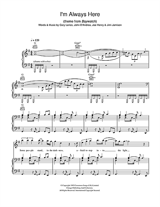 Preview Jimi Jamison I'm Always Here (theme from Baywatch) Rock sheet music, notes and chords for Piano, Vocal & Guitar, SKU: 40665 sheet music, piano notes, chords, guitar tabs, score, transpose, transcribe, how to play, guide, download, learn, tutorial, progression, song, artist, awards, billboard, mtv, vh1, tour, single, album, release