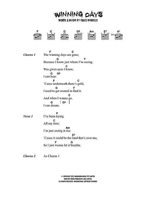 Preview The Vines Winning Days Rock sheet music, notes and chords for Lyrics & Chords, SKU: 40667 sheet music, piano notes, chords, guitar tabs, score, transpose, transcribe, how to play, guide, download, learn, tutorial, progression, song, artist, awards, billboard, mtv, vh1, tour, single, album, release