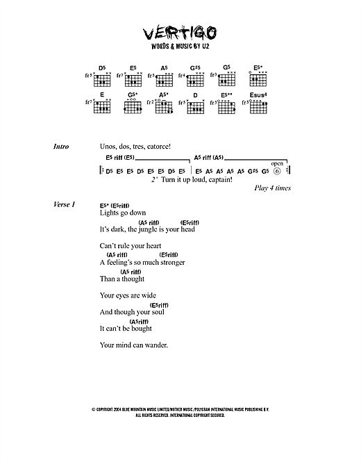 Preview U2 Vertigo Rock sheet music, notes and chords for Lyrics & Chords, SKU: 40668 sheet music, piano notes, chords, guitar tabs, score, transpose, transcribe, how to play, guide, download, learn, tutorial, progression, song, artist, awards, billboard, mtv, vh1, tour, single, album, release