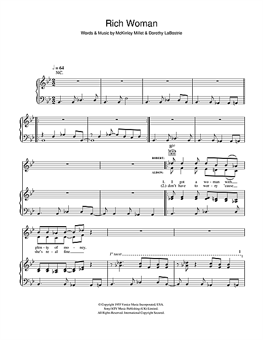 Preview Robert Plant and Alison Krauss Rich Woman Country sheet music, notes and chords for Piano, Vocal & Guitar, SKU: 40673 sheet music, piano notes, chords, guitar tabs, score, transpose, transcribe, how to play, guide, download, learn, tutorial, progression, song, artist, awards, billboard, mtv, vh1, tour, single, album, release