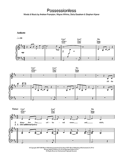 Preview Delta Goodrem Possessionless Australian sheet music, notes and chords for Piano, Vocal & Guitar (Right-Hand Melody), SKU: 40678 sheet music, piano notes, chords, guitar tabs, score, transpose, transcribe, how to play, guide, download, learn, tutorial, progression, song, artist, awards, billboard, mtv, vh1, tour, single, album, release