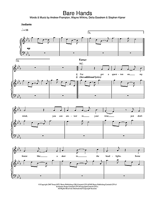 Preview Delta Goodrem Bare Hands Australian sheet music, notes and chords for Piano, Vocal & Guitar, SKU: 40682 sheet music, piano notes, chords, guitar tabs, score, transpose, transcribe, how to play, guide, download, learn, tutorial, progression, song, artist, awards, billboard, mtv, vh1, tour, single, album, release